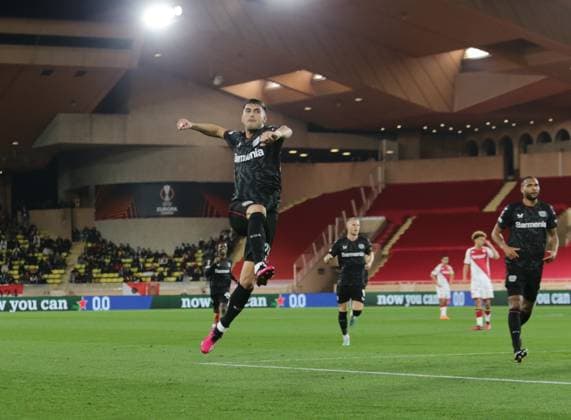 Exequiel Palacios of Bayer 04 Leverkusen celebrating after a goal during the Uefa Europa League, football match between As Monaco and Bayer 04 Leverkusen,on 23 February 2023 at State Luis II in Monaco, Photo Ndrerim Kaceli  Copyright: xNderimxKaceli LiveMediax xipa-agx xLivexMediax 0 IPA_IPA36301717