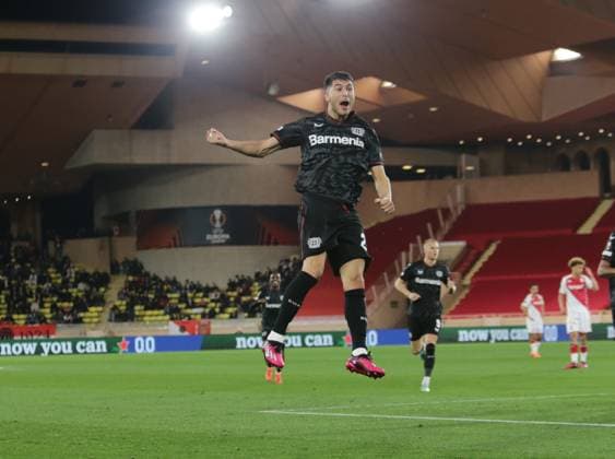 Exequiel Palacios of Bayer 04 Leverkusen celebrating after a goal during the Uefa Europa League, football match between As Monaco and Bayer 04 Leverkusen,on 23 February 2023 at State Luis II in Monaco, Photo Ndrerim Kaceli  Copyright: xNderimxKaceli LiveMediax xipa-agx xLivexMediax 0 IPA_IPA36301719