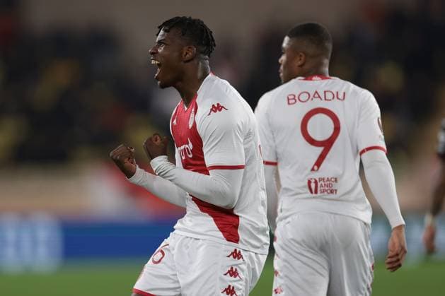 Monaco, Monaco, 23rd February 2023. Breel Embolo of AS Monaco celebrates after scoring to reduce the scoreline to 3-2 on the night and 5-5 on aggregate during the UEFA Europa League match at Stade Louis II, Monaco. Picture credit should read: Jonathan Moscrop Sportimage EDITORIAL USE ONLY. No use with unauthorised audio, video, data, fixture lists, club league logos or live services. Online in-match use limited to 120 images, no video emulation. No use in betting, games or single club league player publications. SPI-2233-0031