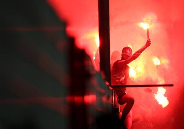 23 02 2023, Football UEFA Europa League 2022 2023, KO Play Off, 1 FC Union Berlin Ajax Amsterdam, at Stadion An der Alten Försterei Berlin Pyro in the guest fan block of Ajax Amsterdam DFL and DFB regulations prohibit any use of photographs as image sequences and or quasi video