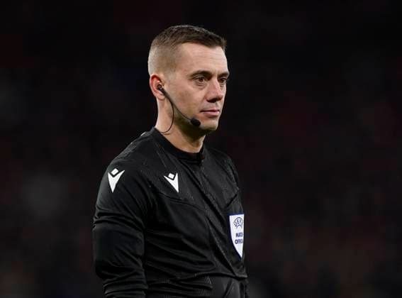 Manchester, England, 23rd February 2023. Referee Clement Turpin during the UEFA Europa League match at Old Trafford, Manchester. Picture credit should read: Andrew Yates Sportimage EDITORIAL USE ONLY. No use with unauthorised audio, video, data, fixture lists, club league logos or live services. Online in-match use limited to 120 images, no video emulation. No use in betting, games or single club league player publications. SPI-2256-0030