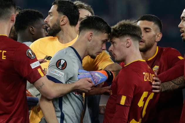 Italy: Europa League football match AS Roma vs FC Salzburg Roma s Polish defender Nicola Zalewski and Salisburgo s Bosnian defender Amar Dedic animated discussions during the UEFA Europa League first knockout round return match between AS Roma vs FC Salzburg at the Olimpico Stadium in Rome, on February 23, 2023. AS_Romai_Salisburgo_0008 Copyright: xAntonioxBalascox