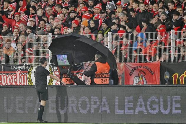 BERLIN, 23-02-2023, Stadion An der Alten Forsterei, Europa League, season 2022 2023, between the match Union Berlin - Ajax, stadium overview before the match. Referee Ricardo de Burgos (ESP) give a penalty kick to Berlin after consulting the VAR Union Berlin - Ajax  x19995951x Copyright: