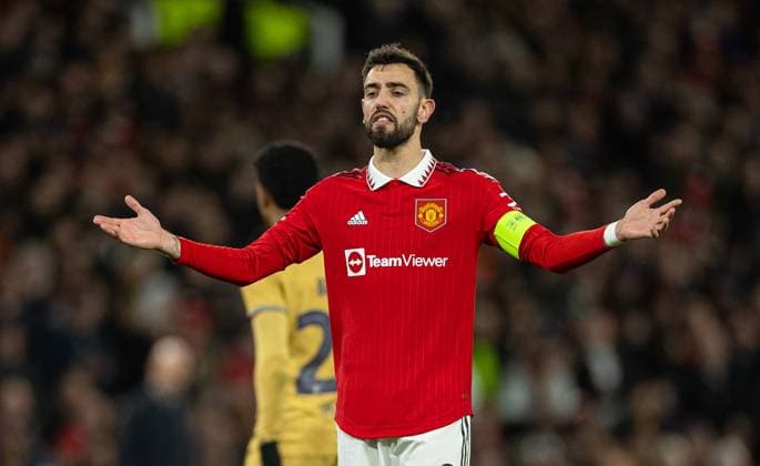 Football - UEFA Europa League - Play-Off 2nd Leg - Manchester United, ManU FC v FC Barcelona, Barca MANCHESTER, ENGLAND - Thursday, February 23, 2023: Manchester United s Bruno Fernandes reacts during the UEFA Europa League Play-Off 2nd Leg game between Manchester United FC and FC Barcelona at Old Trafford. MANCHESTER Old Trafford GREATER MANCHESTER ENGLAND  Copyright: xDavidxRawcliffex P2023-02-23-Man_Utd_Barcelona-35