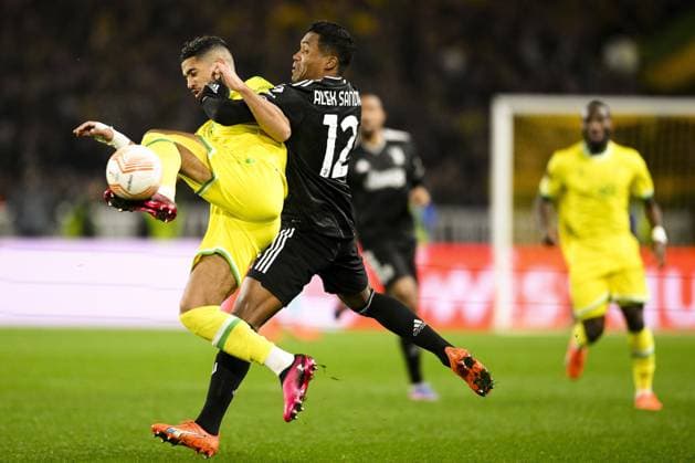 Ludovic Blas (Nantes) vs Alex Sandro (Juventus) FOOTBALL : Nantes vs Juventus de Turin - Barrage retour Ligue Europa - 23 02 2023 JBAutissier Panoramic 