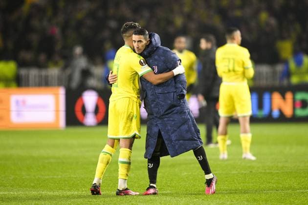 Angel Di Maria (Juventus) Ludovic Blas (Nantes) FOOTBALL : Nantes vs Juventus de Turin - Barrage retour Ligue Europa - 23 02 2023 JBAutissier Panoramic 