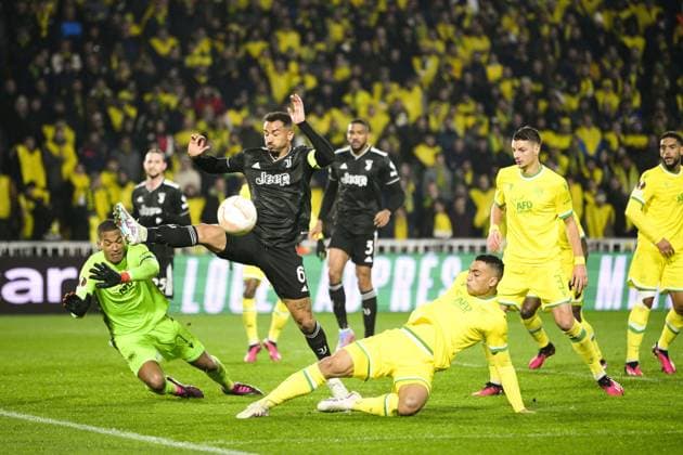Luiz Da Silva Danilo (Juventus) vs Mostafa Mohamed Ahmed Abdalla (Nantes) Alban Lafont (Nantes) FOOTBALL : Nantes vs Juventus de Turin - Barrage retour Ligue Europa - 23 02 2023 JBAutissier Panoramic 