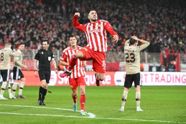 Football, men, season 2022 2023, Europa League, play offs to the round of 16, second leg , 1 FC Union Berlin Ajax Amsterdam, Josip Juranovic 1 FC Union Berlin goal celebration, cheers after his goal to 2 0 , 23 02 2022, Copyright: xMatthiasxKochx