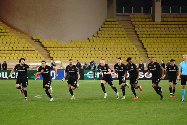 joie - Equipe du Bayer 04 Leverkusen - Sardar Azmoun (Bayer 04 Leverkusen) - Nadiem Amiri (Bayer 04 Leverkusen) - Robert Andrich (Bayer 04 Leverkusen) - Mitchel Bakker (Bayer 04 Leverkusen) - Patrik Schick (Bayer 04 Leverkusen) - Piero Hincapie (Bayer 04 Leverkusen) FOOTBALL : AS Monaco vs Bayer 04 Leverkusen - League Europa - Monaco - 23 02 2023 NorbertScanella Panoramic 