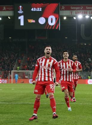 Josip Juranovic cheering after 2 0 joy emotion jubilation sports football soccer UEL UEFA Europa League men season 2022 2023 23 02 2023 1 FC Union Berlin FCU vs Ajax Amsterdam DFL regulations prohibit any use of photographs as image sequences and or quasi video