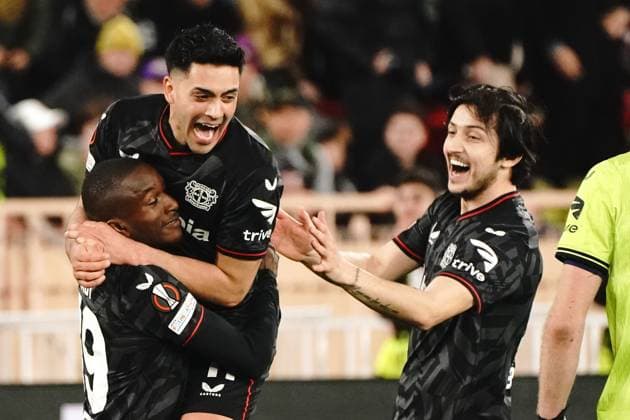 Moussa Diaby (Bayer 04 Leverkusen) - Nadiem Amiri (Bayer 04 Leverkusen) - Sardar Azmoun (Bayer 04 Leverkusen) - Lukas Hradecky (Bayer 04 Leverkusen) FOOTBALL : AS Monaco vs Bayer 04 Leverkusen - League Europa - Monaco - 23 02 2023 NorbertScanella Panoramic 