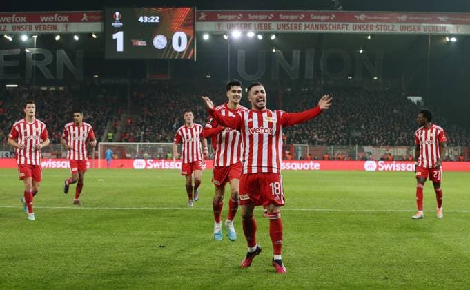 Josip Juranovic cheering after 2 0 joy emotion jubilation sports football soccer UEL UEFA Europa League men season 2022 2023 23 02 2023 1 FC Union Berlin FCU vs Ajax Amsterdam DFL regulations prohibit any use of photographs as image sequences and or quasi video
