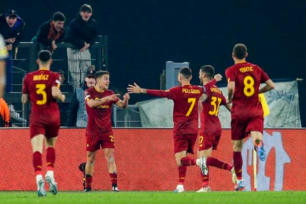 Italy: Europa League football match AS Roma vs FC Salzburg Roma s Argentine forward Paulo Dybala celebrates after scoring a goal during the UEFA Europa League first knockout round return match between AS Roma vs FC Salzburg at the Olimpico Stadium in Rome, on February 23, 2023. _BP18793 Copyright: xAntonioxBalascox