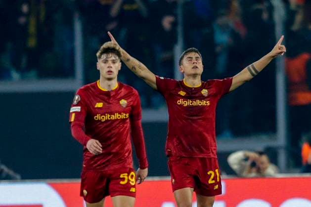 Italy: Europa League football match AS Roma vs FC Salzburg Roma s Argentine forward Paulo Dybala celebrates after scoring a goal during the UEFA Europa League first knockout round return match between AS Roma vs FC Salzburg at the Olimpico Stadium in Rome, on February 23, 2023. _BP18853 Copyright: xAntonioxBalascox