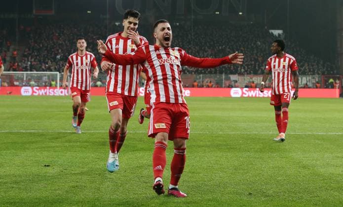 Josip Juranovic cheering after 2 0 joy emotion jubilation sports football soccer UEL UEFA Europa League men season 2022 2023 23 02 2023 1 FC Union Berlin FCU vs Ajax Amsterdam DFL regulations prohibit any use of photographs as image sequences and or quasi video