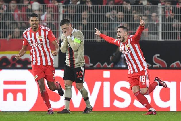 Football, men, season 2022 2023, Europa League, play offs to the round of 16, second leg , 1 FC Union Berlin Ajax Amsterdam, Josip Juranovic 1 FC Union Berlin , right goal celebration, cheers after his goal to 2 0 , 23 02 2022, Copyright: xMatthiasxKochx