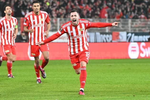 Football, men, season 2022 2023, Europa League, play offs to the round of 16, second leg , 1 FC Union Berlin Ajax Amsterdam, Josip Juranovic 1 FC Union Berlin goal celebration, cheers after his goal to 2 0 , 23 02 2022, Copyright: xMatthiasxKochx
