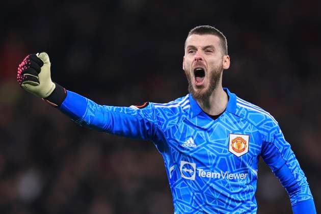 Fußball UEFA Europa League Achtelfinale Manchester United gegen FC Barcelona 23. Februar 2023 UEFA Europa League Achtelfinale Manchester United gegen FC Barcelona Manchester United Torhüter David de Gea feiert das erste Tor seiner Mannschaft Foto Simon Stacpoole Abseits Manchester UK  Copyright: xSimonxStacpoolexOffside