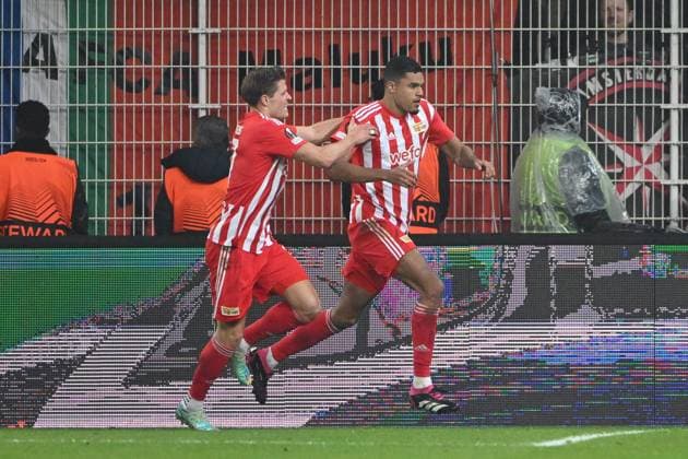 Football, men, season 2022 2023, Europa League, play offs to the round of 16, second leg , 1 FC Union Berlin Ajax Amsterdam, v l Kevin Behrens 1 FC Union Berlin and Danilho Doekhi 1 FC Union Berlin goal celebration, cheers after his goal to 3 1 , 23 02 2022, Copyright: xMatthiasxKochx