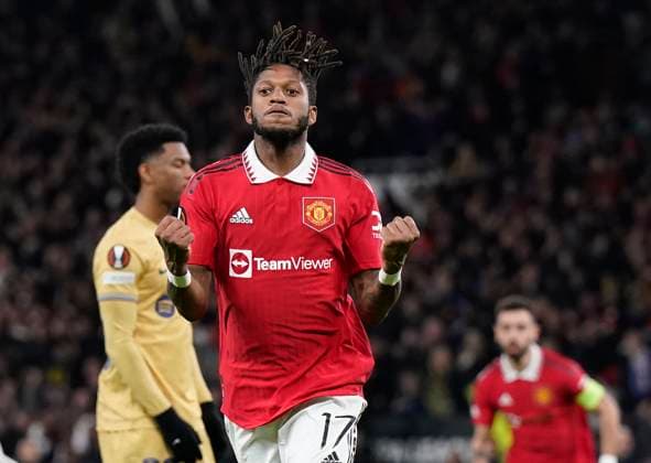 Manchester, England, 23rd February 2023. Fred of Manchester United, ManU celebrates scoring the equalising goal during the UEFA Europa League match at Old Trafford, Manchester. Picture credit should read: Andrew Yates Sportimage EDITORIAL USE ONLY. No use with unauthorised audio, video, data, fixture lists, club league logos or live services. Online in-match use limited to 120 images, no video emulation. No use in betting, games or single club league player publications. SPI-2256-0073
