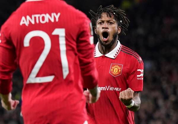 Manchester, England, 23rd February 2023. Fred of Manchester United, ManU celebrates scoring the equalising goal during the UEFA Europa League match at Old Trafford, Manchester. Picture credit should read: Andrew Yates Sportimage EDITORIAL USE ONLY. No use with unauthorised audio, video, data, fixture lists, club league logos or live services. Online in-match use limited to 120 images, no video emulation. No use in betting, games or single club league player publications. SPI-2256-0075