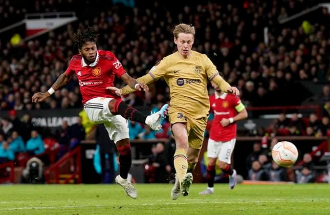 Manchester, England, 23rd February 2023. Fred of Manchester United, ManU score the equalising goal during the UEFA Europa League match at Old Trafford, Manchester. Picture credit should read: Andrew Yates Sportimage EDITORIAL USE ONLY. No use with unauthorised audio, video, data, fixture lists, club league logos or live services. Online in-match use limited to 120 images, no video emulation. No use in betting, games or single club league player publications. SPI-2256-0077
