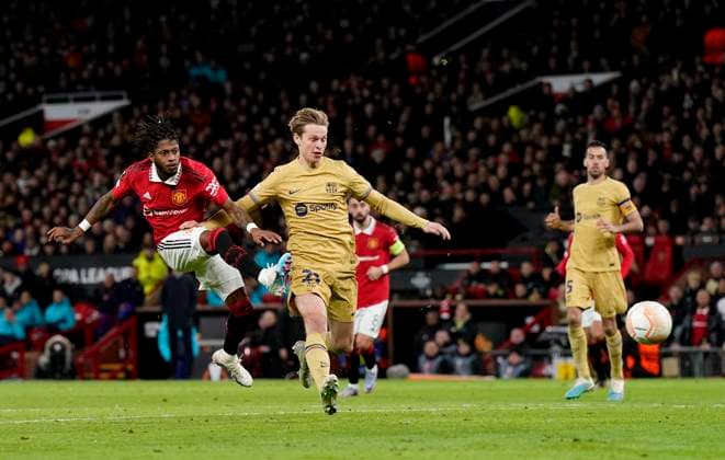 Manchester, England, 23rd February 2023. Fred of Manchester United, ManU score the equalising goal during the UEFA Europa League match at Old Trafford, Manchester. Picture credit should read: Andrew Yates Sportimage EDITORIAL USE ONLY. No use with unauthorised audio, video, data, fixture lists, club league logos or live services. Online in-match use limited to 120 images, no video emulation. No use in betting, games or single club league player publications. SPI-2256-0078