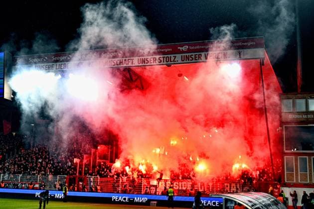 BERLIN, 23-02-2023, Stadion An der Alten Forsterei, Europa League, season 2022 2023, between the match Union Berlin - Ajax, stadium overview before the match. Fireworks from Ajaxfans Union Berlin - Ajax  x19996727x Copyright: