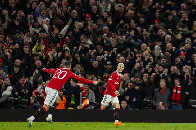 Football - UEFA Europa League - Play-Off 2nd Leg - Manchester United, ManU FC v FC Barcelona, Barca MANCHESTER, ENGLAND - Thursday, February 23, 2023: Manchester United s Antony Matheus dos Santos celebrates after scoring the second goal during the UEFA Europa League Play-Off 2nd Leg game between Manchester United FC and FC Barcelona at Old Trafford. MANCHESTER Old Trafford GREATER MANCHESTER ENGLAND  Copyright: xDavidxRawcliffex P2023-02-23-Man_Utd_Barcelona-69