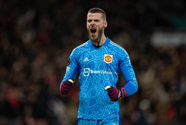 Football - UEFA Europa League - Play-Off 2nd Leg - Manchester United, ManU FC v FC Barcelona, Barca MANCHESTER, ENGLAND - Thursday, February 23, 2023: Manchester United s goalkeeper David de Gea celebrates after his side s second goal during the UEFA Europa League Play-Off 2nd Leg game between Manchester United FC and FC Barcelona at Old Trafford. MANCHESTER Old Trafford GREATER MANCHESTER ENGLAND  Copyright: xDavidxRawcliffex P2023-02-23-Man_Utd_Barcelona-71