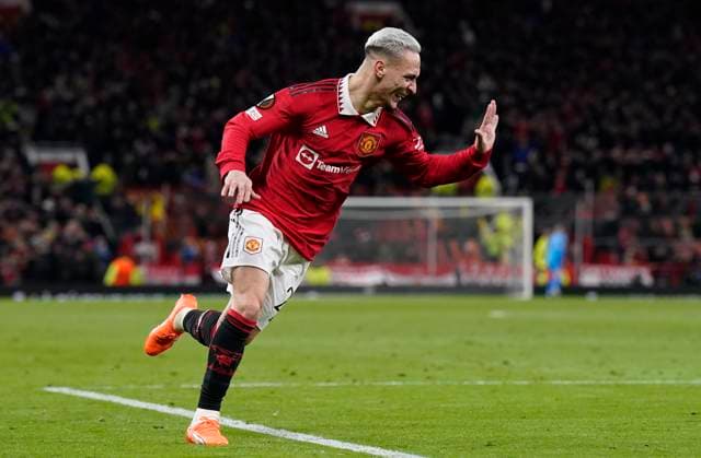 Manchester, England, 23rd February 2023. Antony of Manchester United, ManU (r) celebrates scoring their second goal of the night during the UEFA Europa League match at Old Trafford, Manchester. Picture credit should read: Andrew Yates Sportimage EDITORIAL USE ONLY. No use with unauthorised audio, video, data, fixture lists, club league logos or live services. Online in-match use limited to 120 images, no video emulation. No use in betting, games or single club league player publications. SPI-2256-0090