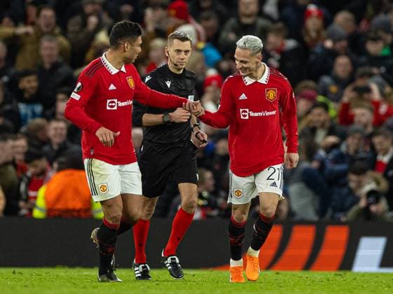 Football - UEFA Europa League - Play-Off 2nd Leg - Manchester United, ManU FC v FC Barcelona, Barca MANCHESTER, ENGLAND - Thursday, February 23, 2023: Manchester United s Antony Matheus dos Santos (R) celebrates after scoring the second goal during the UEFA Europa League Play-Off 2nd Leg game between Manchester United FC and FC Barcelona at Old Trafford. MANCHESTER Old Trafford GREATER MANCHESTER ENGLAND  Copyright: xDavidxRawcliffex P2023-02-23-Man_Utd_Barcelona-73