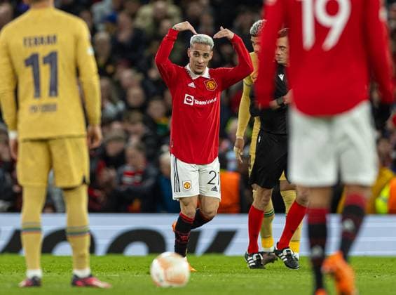 Football - UEFA Europa League - Play-Off 2nd Leg - Manchester United, ManU FC v FC Barcelona, Barca MANCHESTER, ENGLAND - Thursday, February 23, 2023: Manchester United s Antony Matheus dos Santos celebrates after scoring the second goal during the UEFA Europa League Play-Off 2nd Leg game between Manchester United FC and FC Barcelona at Old Trafford. MANCHESTER Old Trafford GREATER MANCHESTER ENGLAND  Copyright: xDavidxRawcliffex P2023-02-23-Man_Utd_Barcelona-77