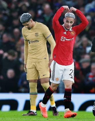 Mandatory Credit: Photo by Matt West Shutterstock (13775740aj) Antony of Manchester United, ManU celebrates scoring a goal to make it 2-1 Manchester United v Barcelona, UEFA Europa League, Play-Off Round, Second Leg, Football, Old Trafford, Manchester, UK - 23 Feb 2023 EDITORIAL USE ONLY No use with unauthorised audio, video, data, fixture lists, club league logos or live services. Online in-match use limited to 120 images, no video emulation. No use in betting, games or single club league player publications. Manchester United v Barcelona, UEFA Europa League, Play-Off Round, Second Leg, Football, Old Trafford, Manchester, UK - 23 Feb 2023 EDITORIAL USE ONLY No use with unauthorised audio, video, data, fixture lists, club league logos or live services. Online in-match use limited to 120 images, no video emulation. No use in betting, games or single club league player publications. Copyright: xMattxWest Shutterstockx 13775740aj
