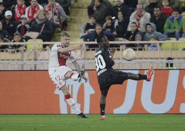 Caio Henrique of As Monaco and Jeremie Frimpong of Bayer 04 Leverkusen during the Uefa Europa League, football match between As Monaco and Bayer 04 Leverkusen,on 23 February 2023 at State Luis II in Monaco, Photo Ndrerim Kaceli  Copyright: xNderimxKaceli LiveMediax xipa-agx xLivexMediax 0 IPA_IPA36303791