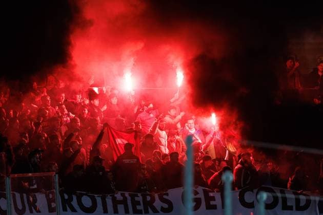 Qarabag s supporters pictured during a soccer game between Belgian KAA Gent and Azerbaijani Qarabag FK, Thursday 23 February 2023 in Gent, the return leg of the play-off round of the UEFA Europa Conference League competition. Qarabag won the first leg with a 1-0 score. KURTxDESPLENTER  x60683121x
