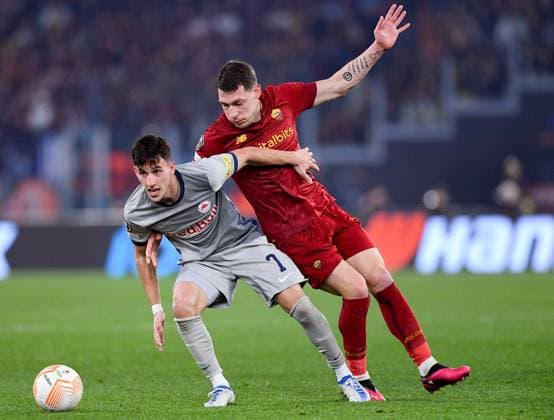 Nicolas Capaldo of FC Salzburg and Andrea Belotti of AS Roma compete for the ball during the UEFA Europa League match between Roma and FC Salzburg at Stadio Olimpico, Rome, Italy on 23 February 2023. Copyright: xGiuseppexMaffiax 35880057