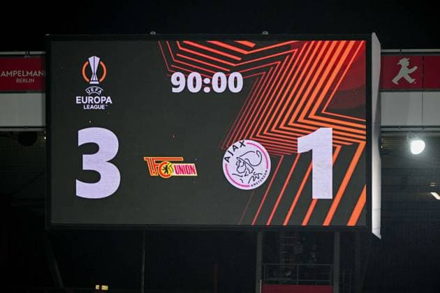Football, men, season 2022 2023, Europa League, play offs to the round of 16, second leg , 1 FC Union Berlin Ajax Amsterdam, scoreboard with the final score 3 1 , 23 02 2022, Copyright: xMatthiasxKochx
