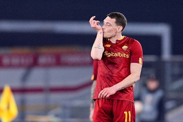 Andrea Belotti of AS Roma celebrates after scoring first goal during the UEFA Europa League match between Roma and FC Salzburg at Stadio Olimpico, Rome, Italy on 23 February 2023. Photo by Giuseppe Maffia. Rome Stadio Olimpico Rome Italy Copyright: xGiuseppexMaffiax SP24-557-057