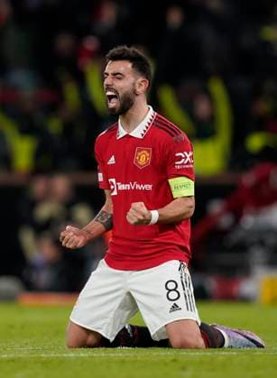 Manchester, England, 23rd February 2023. Bruno Fernandes of Manchester United, ManU celebrates the win during the UEFA Europa League match at Old Trafford, Manchester. Picture credit should read: Andrew Yates Sportimage EDITORIAL USE ONLY. No use with unauthorised audio, video, data, fixture lists, club league logos or live services. Online in-match use limited to 120 images, no video emulation. No use in betting, games or single club league player publications. SPI-2256-0103