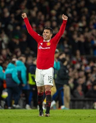 Football - UEFA Europa League - Play-Off 2nd Leg - Manchester United, ManU FC v FC Barcelona, Barca MANCHESTER, ENGLAND - Thursday, February 23, 2023: Manchester United s Carlos Henrique Casimiro celebrates at the final whistle during the UEFA Europa League Play-Off 2nd Leg game between Manchester United FC and FC Barcelona at Old Trafford. Man Utd won 2-1, 4-3 on aggregate. MANCHESTER Old Trafford GREATER MANCHESTER ENGLAND  Copyright: xDavidxRawcliffex P2023-02-23-Man_Utd_Barcelona-79