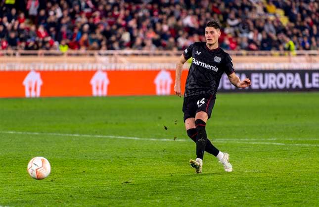 23 02 2023, Football UEFA Europa League 2022 2023, K o rounds play off second leg, AS Monaco Bayer 04 Leverkusen AS Monaco, Stade Louis II in Monaco penalty shootout, Patrik Schick Leverkusen scores his goal DFL and DFB regulations prohibit any use of photographs as image sequences and or quasi video