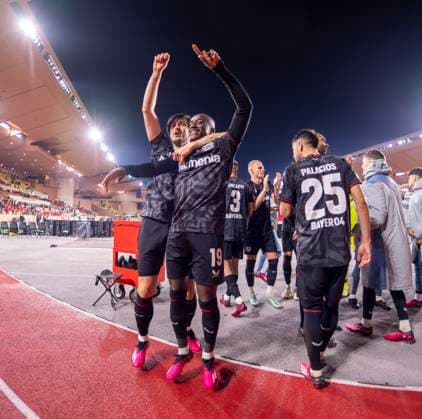 23 02 2023, Football UEFA Europa League 2022 2023, K o rounds play off second leg, AS Monaco Bayer 04 Leverkusen AS Monaco, Stade Louis II in Monaco jubilation after winning the penalty shootout at Leverkusen, Moussa Diaby Leverkusen rejoices with fans with Sarder Azmoun li, Leverkusen DFL and DFB regulations prohibit any use of photographs as image sequences and or quasi video