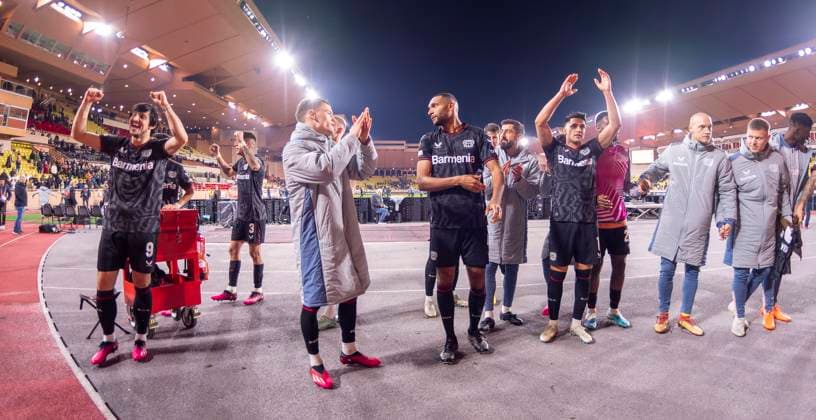 23 02 2023, Football UEFA Europa League 2022 2023, K o rounds play off second leg, AS Monaco Bayer 04 Leverkusen AS Monaco, Stade Louis II in Monaco jubilation after winning the penalty shootout at Leverkusen, li Sarder Azmoun Leverkusen DFL and DFB regulations prohibit any use of photographs as image sequences and or quasi video