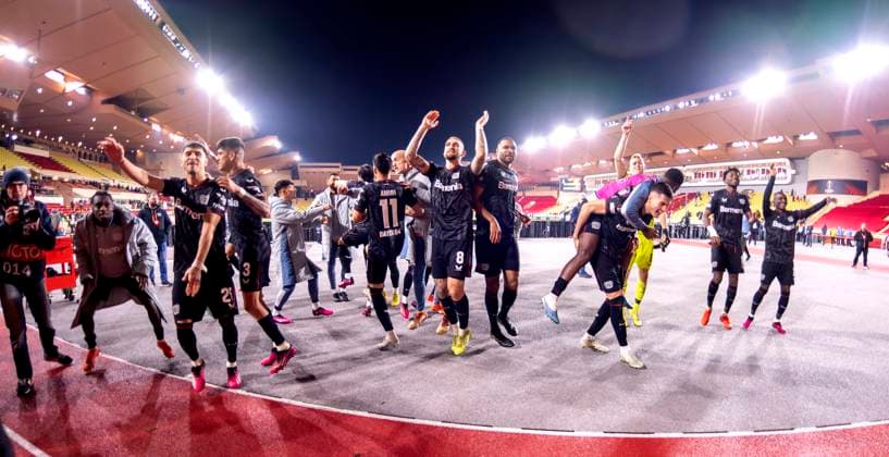 23 02 2023, Football UEFA Europa League 2022 2023, K o rounds play off second leg, AS Monaco Bayer 04 Leverkusen AS Monaco, Stade Louis II in Monaco jubilation after winning the penalty shootout at Leverkusen, DFL and DFB regulations prohibit any use of photographs as image sequences and or quasi video