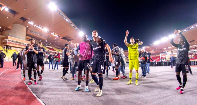 23 02 2023, Football UEFA Europa League 2022 2023, K o rounds play off second leg, AS Monaco Bayer 04 Leverkusen AS Monaco, Stade Louis II in Monaco jubilation after winning the penalty shootout at Leverkusen, Exequiel Palacios Leverkusen , Timothy Fosu Mensah Leverkusen , Patrik Schick Leverkusen DFL and DFB regulations prohibit any use of photographs as image sequences and or quasi video