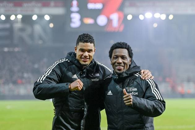 BERLIN, 23-02-2023, Stadion An der Alten Försterei, Europa League, season 2022 2023, between the match Union Berlin - Ajax, final result 3-1, Union Berlin player Sheraldo Becker and Union Berlin player Danilho Doekhi celebrating the win Union Berlin - Ajax  x19997374x Copyright: