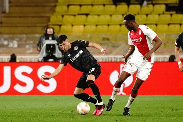 Chrislain Matsima (AS Monaco) - Exequiel Palacios (Bayer 04 Leverkusen) FOOTBALL : AS Monaco vs Bayer 04 Leverkusen - League Europa - Monaco - 23 02 2023 NorbertScanella Panoramic 