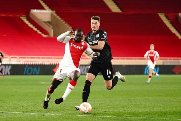Malang Sarr (AS Monaco) - Patrik Schick (Bayer 04 Leverkusen) FOOTBALL : AS Monaco vs Bayer 04 Leverkusen - League Europa - Monaco - 23 02 2023 NorbertScanella Panoramic 