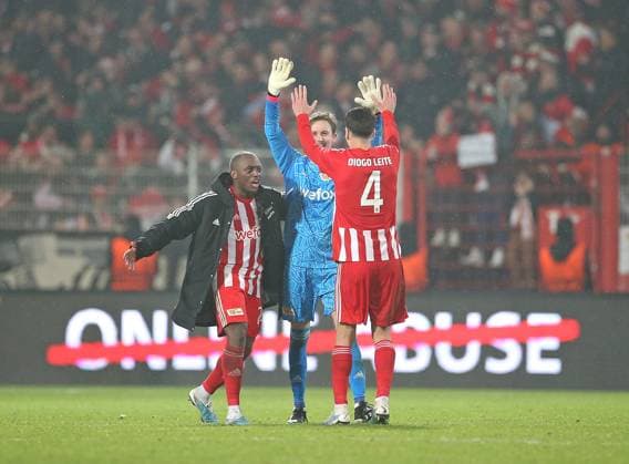 23 02 2023, Football UEFA Europa League 2022 2023, KO Play Off, 1 FC Union Berlin Ajax Amsterdam, at Stadion An der Alten Försterei Berlin final cheer L R Jerome Roussillon Union Berlin , goalkeeper Frederik Rönnow Union Berlin and Diogo Leite Union Berlin DFL and DFB regulations prohibit any use of photographs as image sequences and or quasi video